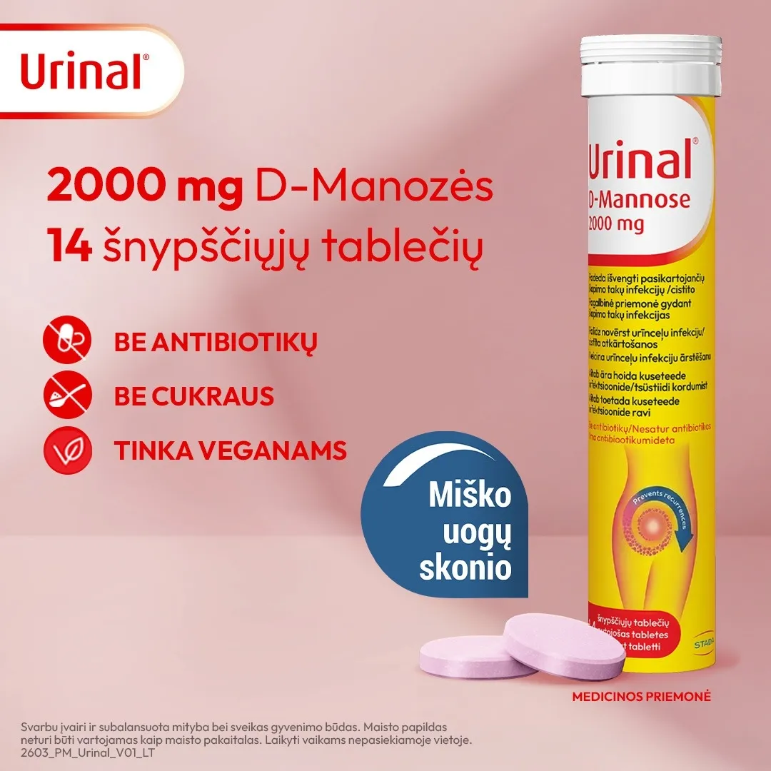 URINAL D-mannose (šlapimo takų infekcijoms), 2000mg, 14 šnypščiųjų tab -  3