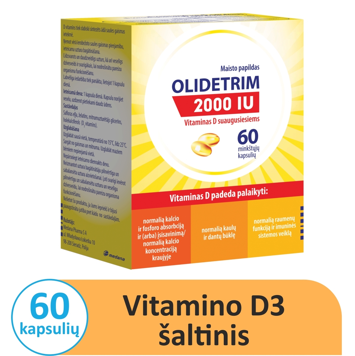 OLIDETRIM VITAMINAS D 2000TV, 60 minkštų kapsulių -  