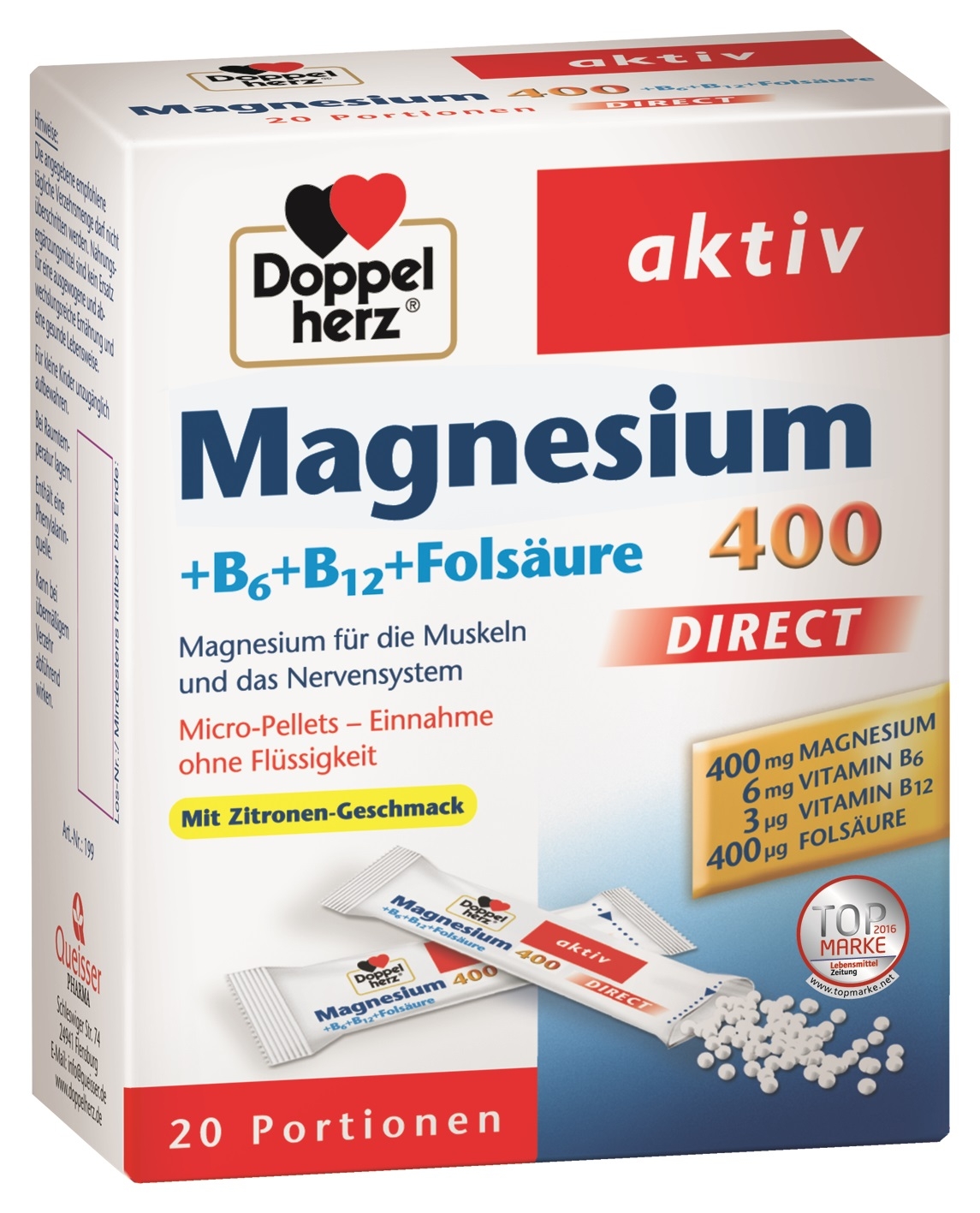 DOPPELHERZ MAGNESIUM 400 DIRECT, 20 paketėlių -  