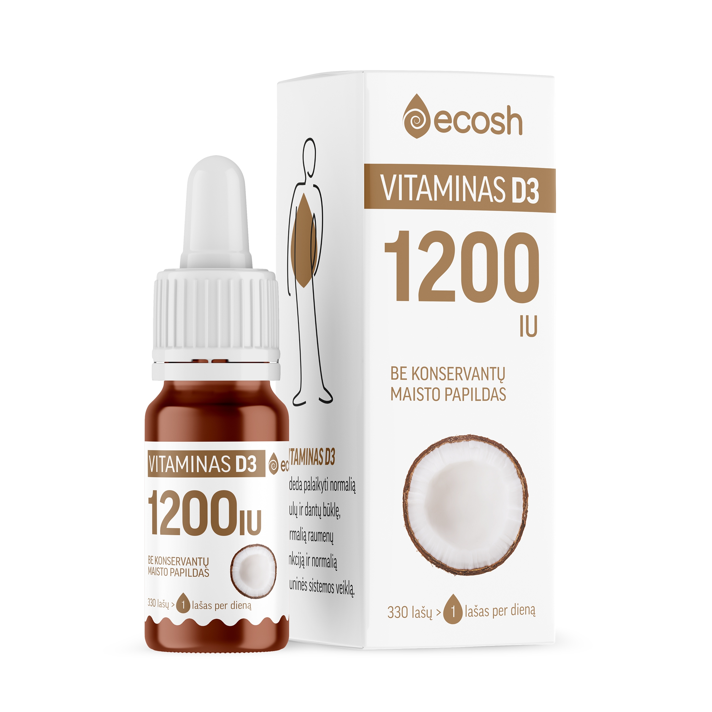 ECOSH vitaminas D3 su kokosų aliejumi 1200TV, 10ml -  