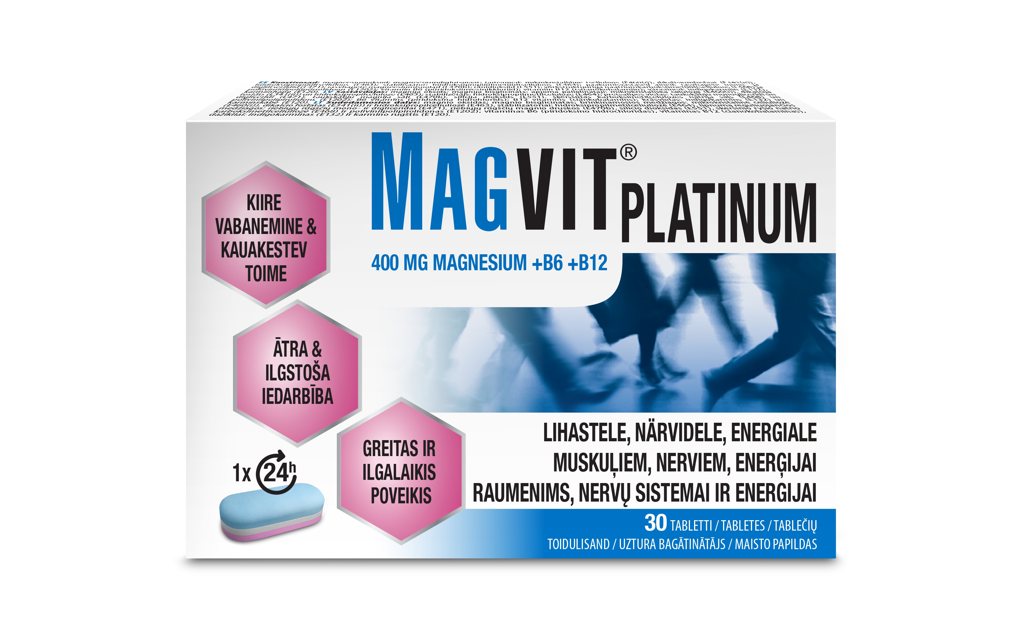 Magvit Platinum 400mg Magnesium+B6+B12 tabletės, N30 -  