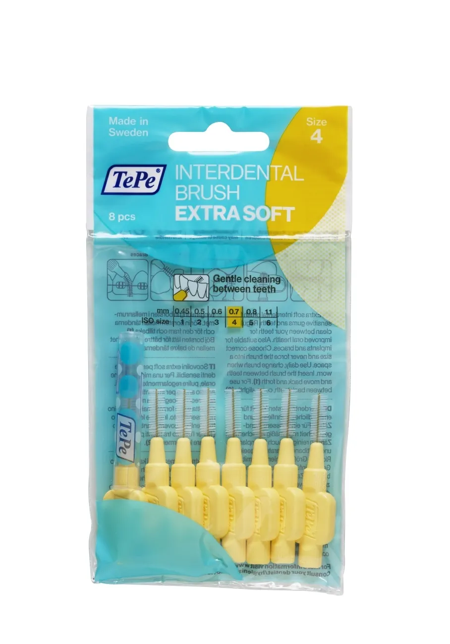 TEPE tarpdančių šepetėliai 0.7mm EXTRA SOFT SIZE 4, geltoni, N8 -  