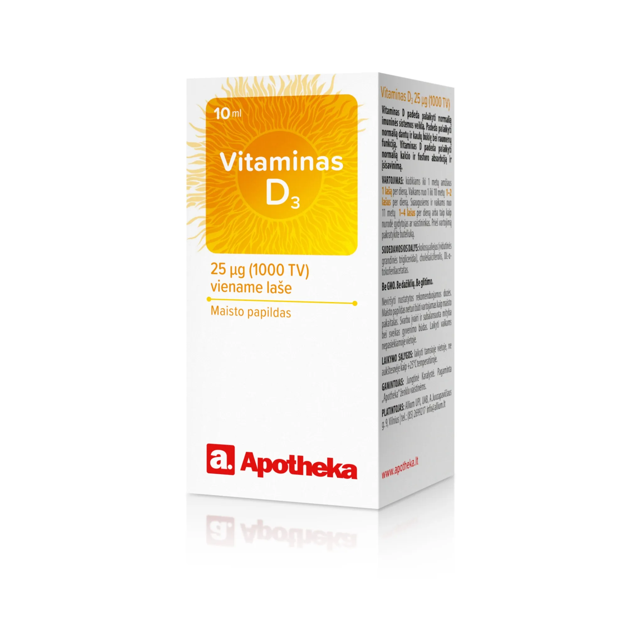 APOTHEKA VITAMINAS D3 25µg (1000 IU) lašai, 10ml -  2