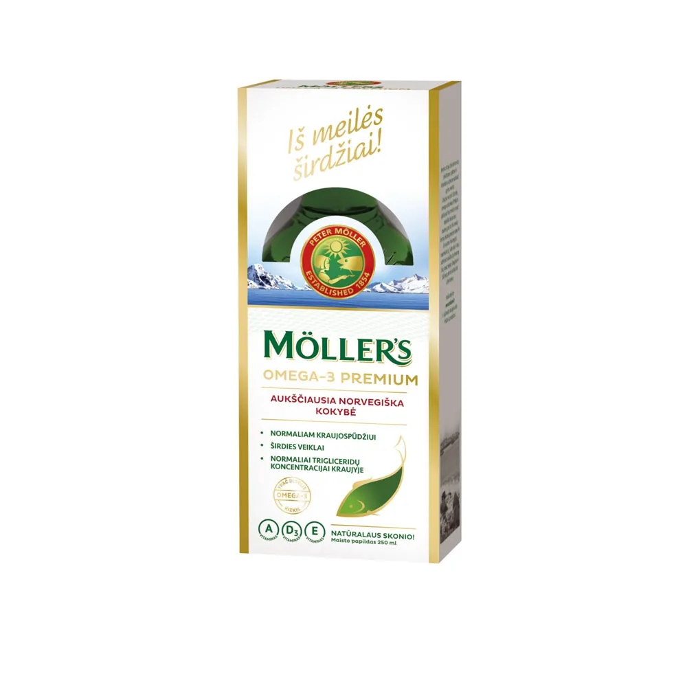 MÖLLER'S OMEGA-3 PREMIUM žuvų taukai, natūralaus skonio, 250 ml -  