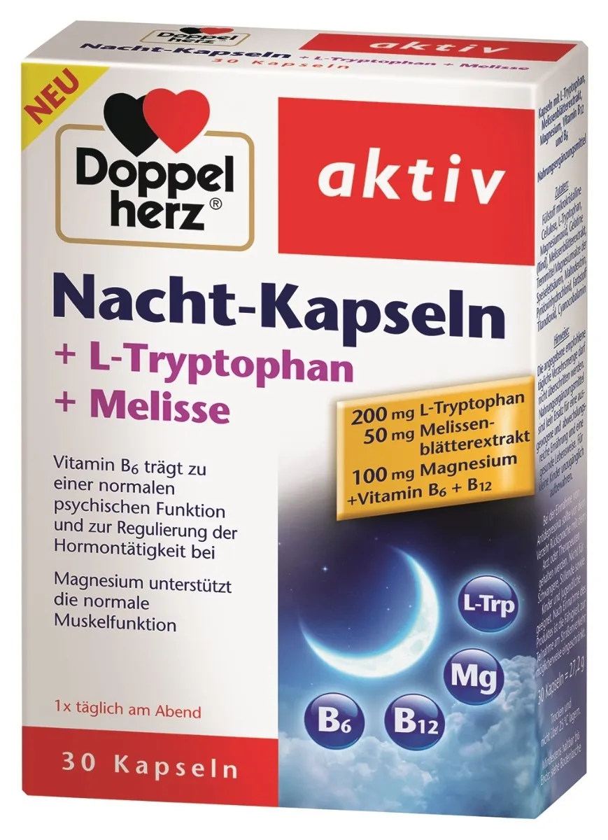 DOPPELHERZ AKTIV  NACHT-KAPSELN + L-Tryptophan + Melisse, 30 kapsulių -  