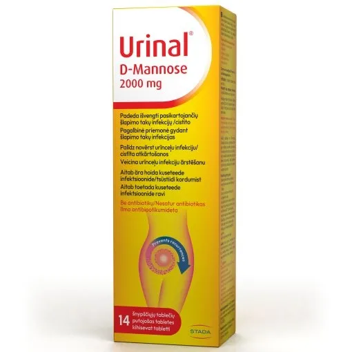 URINAL D-mannose (šlapimo takų infekcijoms), 2000mg, 14 šnypščiųjų tab -  1